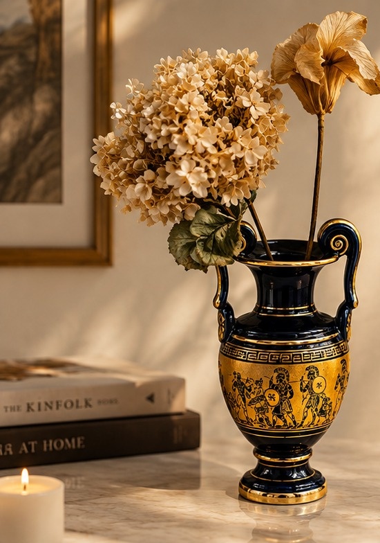 Black and gold decorative vase with floral arrangement